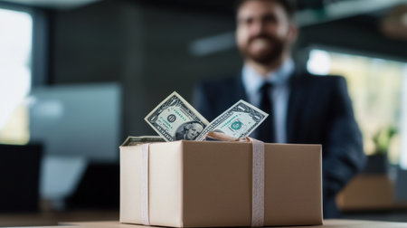 A man is sitting at a desk with a box of money in front of him. The box is brown and has a white ribbon tied around it. The man is smiling and he is happy about the money in the boxの素材