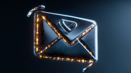 A shiny, metallic envelope with a triangle on it. The envelope is lit up with a bright, glowing lightの素材