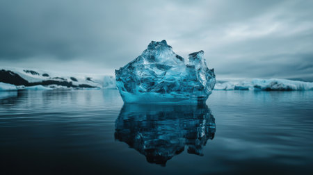 A large ice block sits in the water, reflecting the sky above. The scene is serene and peaceful, with the ice block standing out against the calm blue waterの素材
