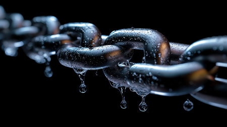 A chain with water droplets on it. The chain is made of metal and is wet. The water droplets are falling from the chain, creating a sense of movement and fluidityの素材