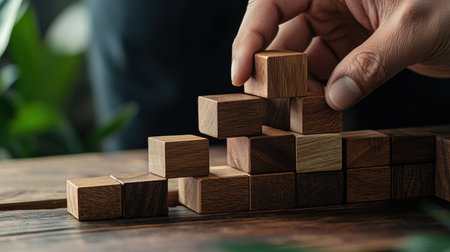 A person is building a tower out of wooden blocks. The blocks are stacked on top of each other, creating a tall structure. Concept of accomplishment and creativityの素材
