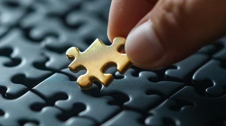 A hand is holding a golden puzzle piece on a black surface. The puzzle piece is gold and has a shiny appearanceの素材