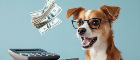 A dog wearing glasses and holding a pile of money. The dog is smiling and he is happyの素材