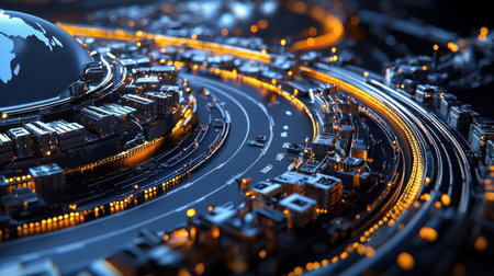A futuristic cityscape with a glowing globe in the center. The city is illuminated with bright lights, giving it a futuristic and technological vibeの素材