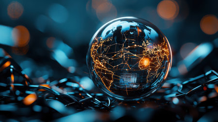A globe with a glowing light inside of it. The globe is surrounded by wires and cables. Concept of technology and innovationの素材