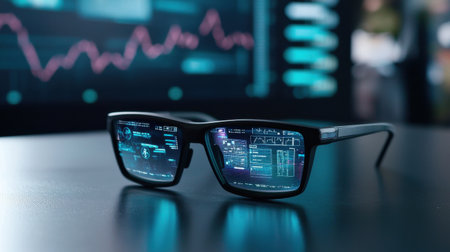 A pair of glasses with a blue screen on the lenses. The glasses are on a table in front of a computer monitorの素材