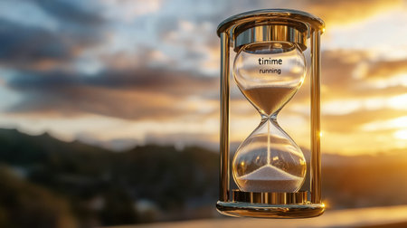A sand timer with the words "Time is running out" written on it. The timer is set to the last minute, and the sun is setting in the background. Concept of urgency and the fleeting nature of timeの素材