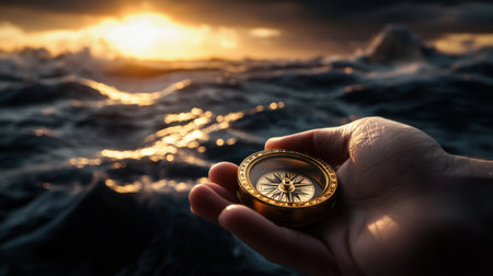 A hand holding a compass in the ocean. Concept of adventure and exploration, as the compass is a symbol of navigation and direction. The ocean setting adds to the feeling of being on a journeyの素材