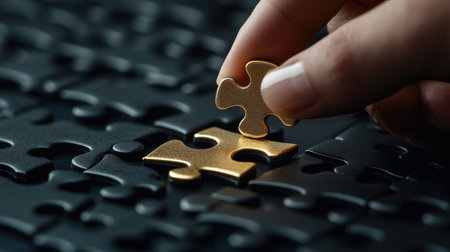 A person is placing a golden puzzle piece into a black puzzle. The puzzle piece is unique and stands out against the dark background. The person appears to be focusedの素材