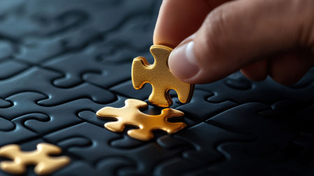 A hand is holding a puzzle piece with a gold border. The puzzle piece is on a black surfaceの素材