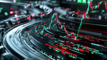 A computer screen shows a graph of stock prices. The graph is filled with red, green, and black lines, and the numbers are displayed in various sizes. Scene is one of intense focus and analysisの素材