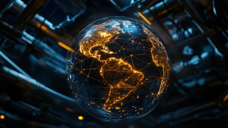 A glowing globe with a network of lines surrounding it. The globe is lit up with a warm, orange glowの素材