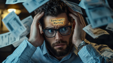 A man with his head in his hands and a sign on his forehead that says Bankruptcy Warningの素材