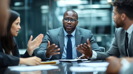 A man in a suit is talking to two other men in a conference room. The man in the suit is wearing a tie and he is in a serious mood. The other two men are also dressed in suitsの素材