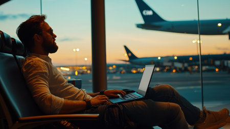 A man is sitting in a chair with a laptop open in front of him. He is looking out the window at an airplane. Concept of relaxation and anticipationの素材
