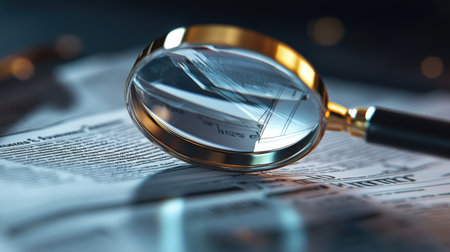 A magnifying glass is on top of a piece of paper. The paper has a lot of writing on itの素材