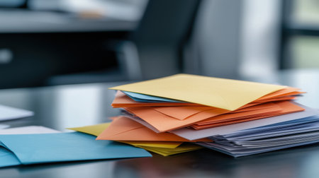 A stack of colorful envelopes on a table. The envelopes are of different colors and sizes, and they are piled on top of each other. The scene suggests a busy or cluttered environmentの素材
