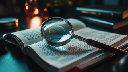 A magnifying glass is on top of a book. The book is open to a page with a lot of text. The magnifying glass is focused on the text, making it appear larger and clearerの素材