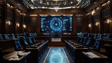 A large room with a blue screen in the middle. The room is filled with chairs and a podium. The blue screen is displaying a circle with a lot of numbers on itの素材