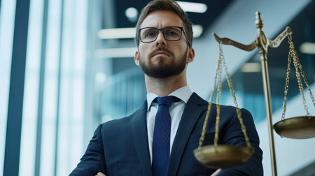 A man in a suit stands in front of a scale with his arms crossed. He is wearing glasses and a tieの素材