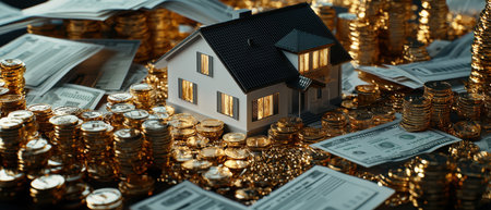 A house is surrounded by gold coins and stacks of money. Concept of wealth and abundanceの素材