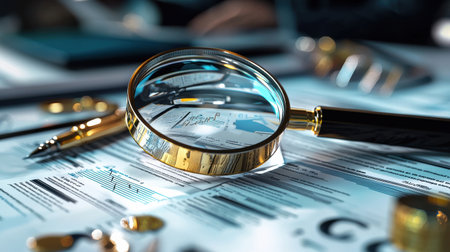 A magnifying glass is placed on top of a piece of paper with a lot of writing on it. The magnifying glass is focused on a specific area of the paper, drawing attention to the details in that areaの素材