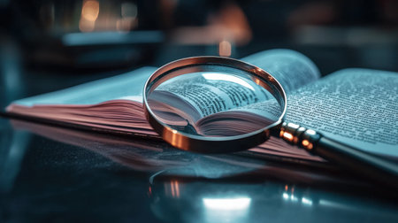 A magnifying glass is on top of a book. The book is open to a page with a lot of text. The magnifying glass is focused on the text, making it appear larger and clearerの素材