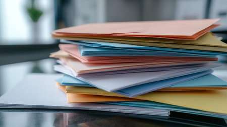 A stack of colorful envelopes on a table. The envelopes are of different colors and sizes, and they are piled on top of each other. The scene suggests a sense of organization and attention to detailの素材