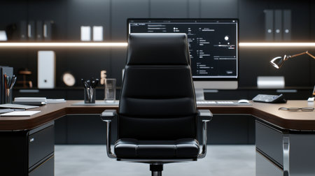 A black office chair sits in front of a computer monitor. The chair is positioned in front of a desk with a computer, a keyboard, and a mouse. The room is well-lit and organized, with a few booksの素材