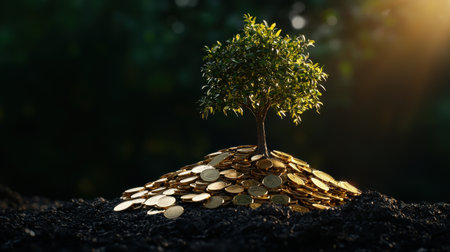 A tree is growing on top of a pile of gold coins. The tree is surrounded by the coins, which are scattered around it. The scene gives off a sense of wealth and abundanceの素材