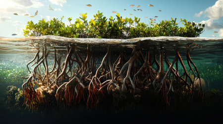 A picture of a plant with roots in the water. The plant is surrounded by fishの素材