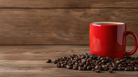 A red coffee mug sits on a wooden table with a pile of coffee beans. Concept of warmth and comfort, as the mug and coffee beans are associated with relaxation and enjoymentの素材
