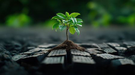 A small tree is growing in the middle of a pile of rubble. Concept of hope and resilience, as the tree is able to grow and thrive even in the midst of destructionの素材