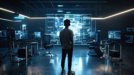 A man stands in front of a computer monitor with a blue background. The room is filled with computer monitors and the man is looking at the screen. Scene is focused and seriousの素材