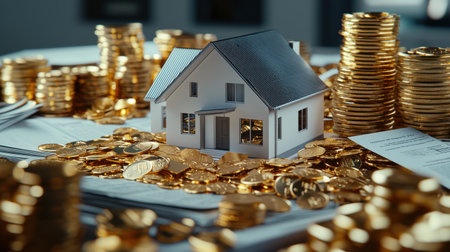 A house is surrounded by gold coins. The house is small and whiteの素材