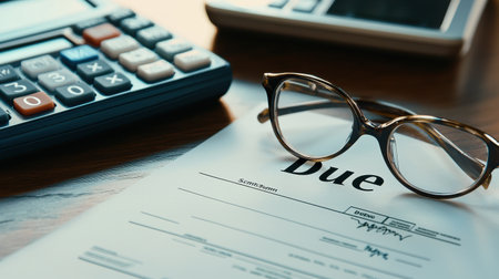 A piece of paper with the word due on it is sitting on a table next to a calculator and a pair of glassesの素材