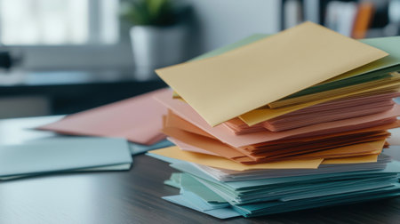 A stack of colorful envelopes on a table. The envelopes are of different colors and sizes, and they are piled on top of each other. The scene suggests a sense of organization and attention to detailの素材