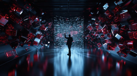 A man is standing in a room with a large screen in front of him. He is holding a tablet and looking at the screen. The room is filled with red and blue lights, creating a futuristicの素材