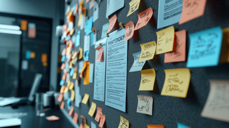 A wall covered in colorful sticky notes with the word "HIT" written on it. The notes are arranged in a way that they form a message or a storyの素材