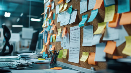 A bulletin board with colorful sticky notes and pens on it. The board is covered in notes and has a variety of colorsの素材