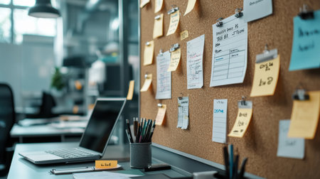 A cork board with a lot of notes on it. The notes are yellow and are organized in a way that they are easy to read. The board is on a desk and has a laptop on it. The laptop is openの素材