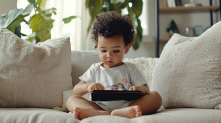 A baby is sitting on a couch and playing with a tablet. The baby is wearing a white shirt and is looking at the screen. The scene is playful and lighthearted, as the baby is engaged in a fun activityの素材