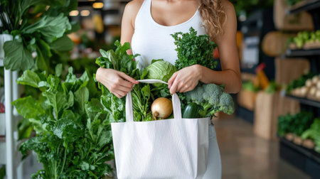 A woman is holding a bag of vegetables in a grocery store. The vegetables include broccoli, cauliflower, and squashの素材