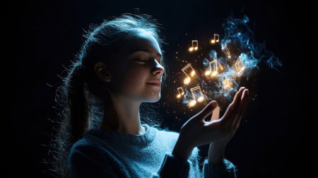 A woman is holding her hands up in the air, surrounded by smoke and music notes. Concept of peace and tranquility, as the woman is meditating or enjoying a moment of relaxationの素材