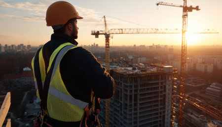 A construction worker wearing a safety vest stands on a building overlooking a city. The sun is setting in the background, casting a warm glow over the sceneの素材