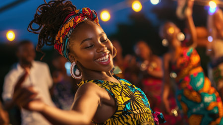 A woman is dancing with a colorful head scarf on. She is smiling and she is enjoying herselfの素材