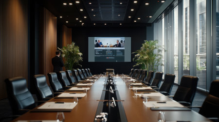 A large conference room with a black table and chairs. A man is standing in front of a large screenの素材