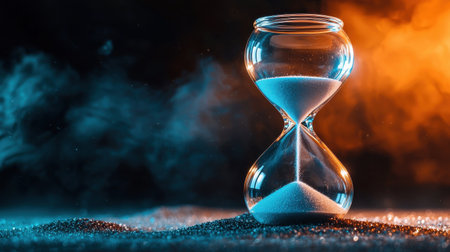 A glass hourglass with sand in it is sitting on a table. The sand is almost gone, and the hourglass is almost empty. The image has a sense of time passing byの素材