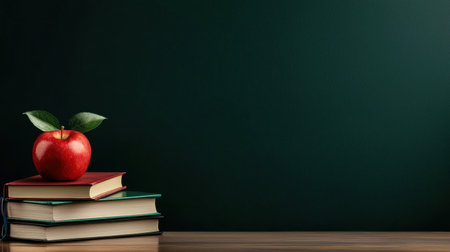 A green chalkboard with a red apple on top of three books. The apple is surrounded by a leaf, and the books are stacked on top of each other. Concept of education and learning, as the appleの素材