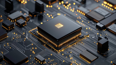 A computer chip is shown in a black and yellow color scheme. The chip is surrounded by other electronic components, giving the impression of a complex and intricate systemの素材